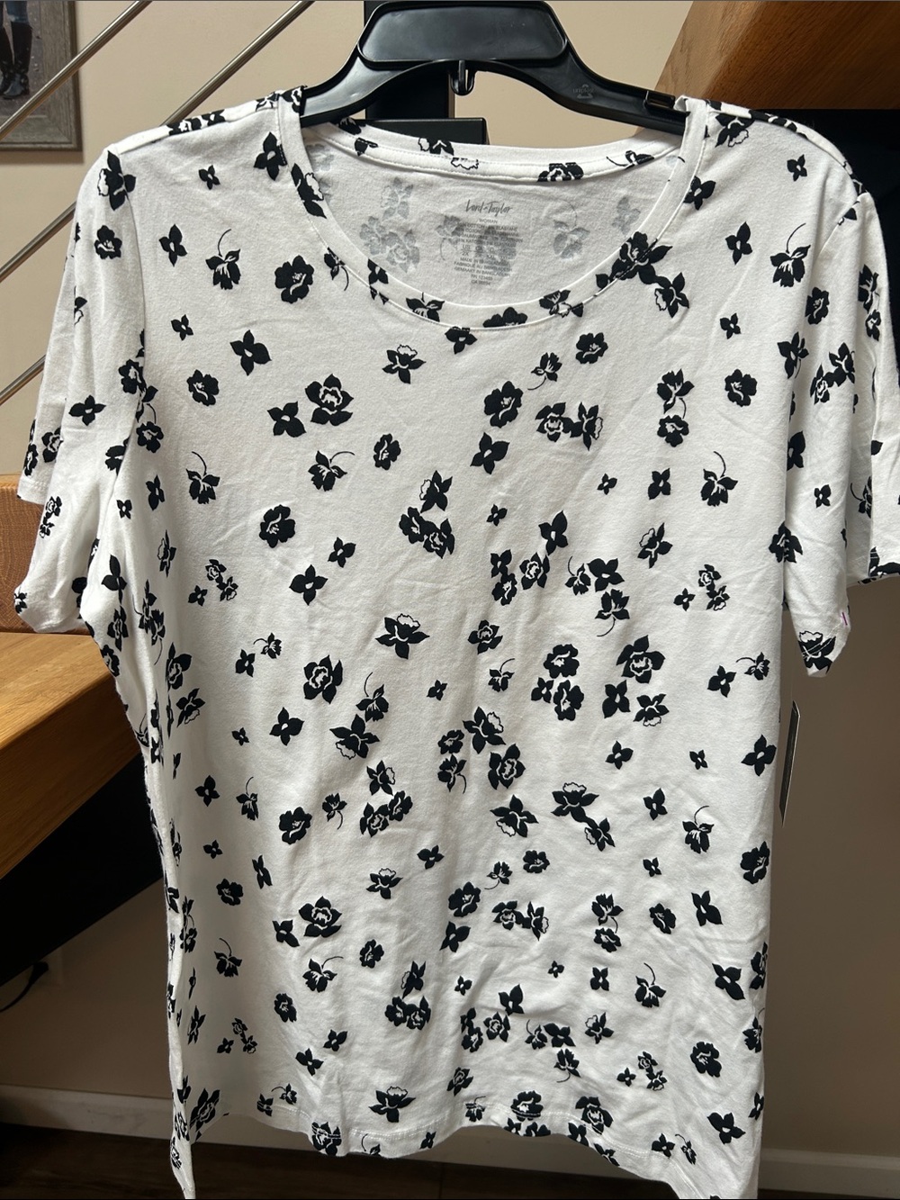 Lord & Taylor White Crewneck Tee with Black Floral Print